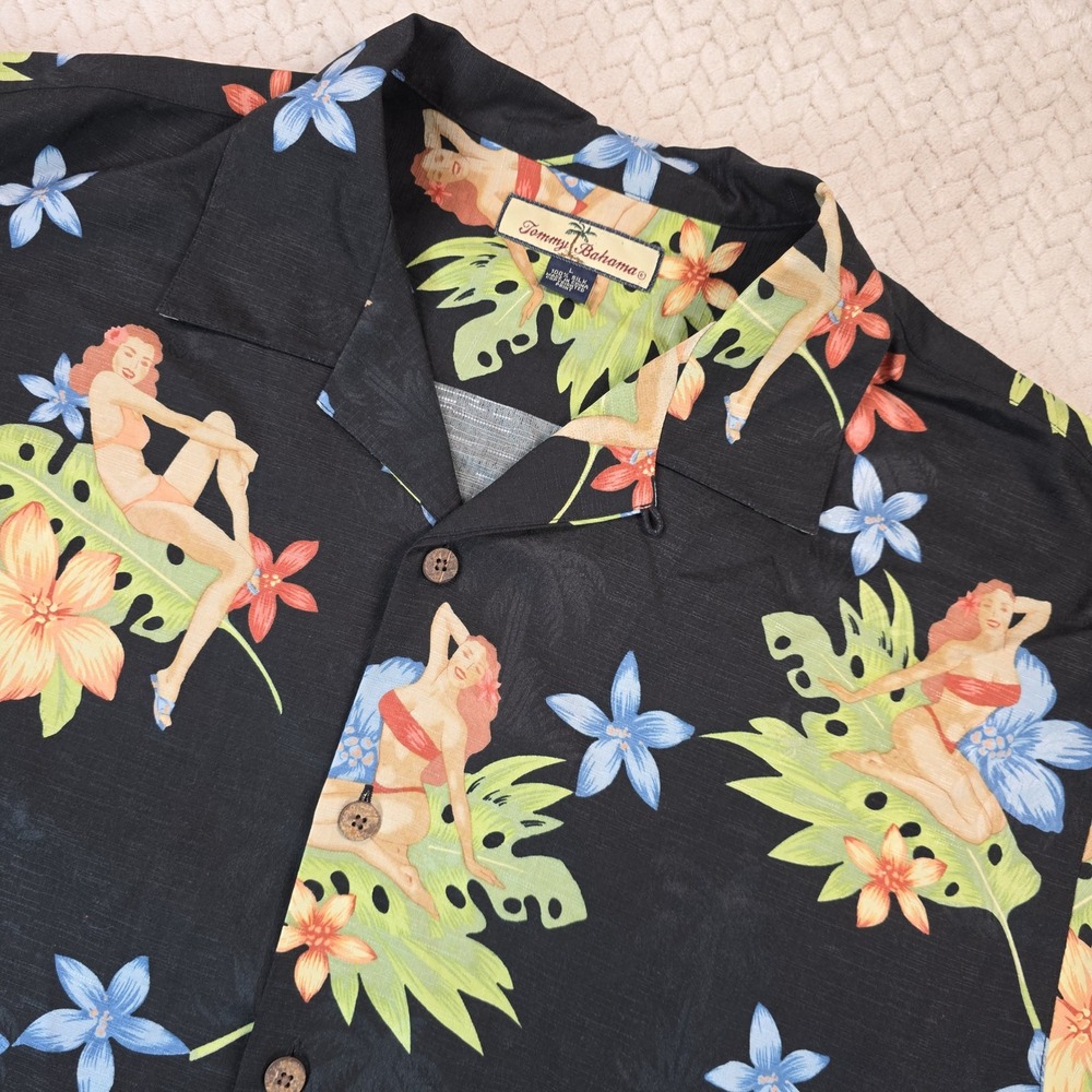 Tommy Bahama Silk Pin-Up Girl Tropical Floral Hawaiian Shirt Black Mens Large